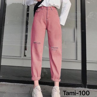 Quần jeans baggy jean màu hồng túi nắp rách ngang kèm ảnh thật form ulzzang cạp cao , '