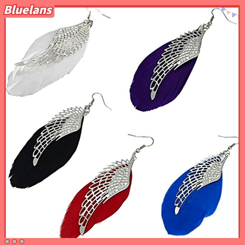 Khuyên tai làm thủ công bằng lông vũ phối mặt hình đôi cánh kim loại