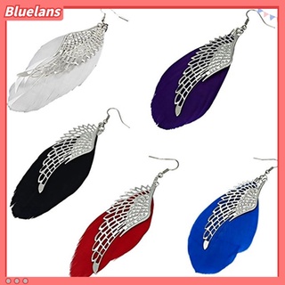 Khuyên tai làm thủ công bằng lông vũ phối mặt hình đôi cánh kim loại