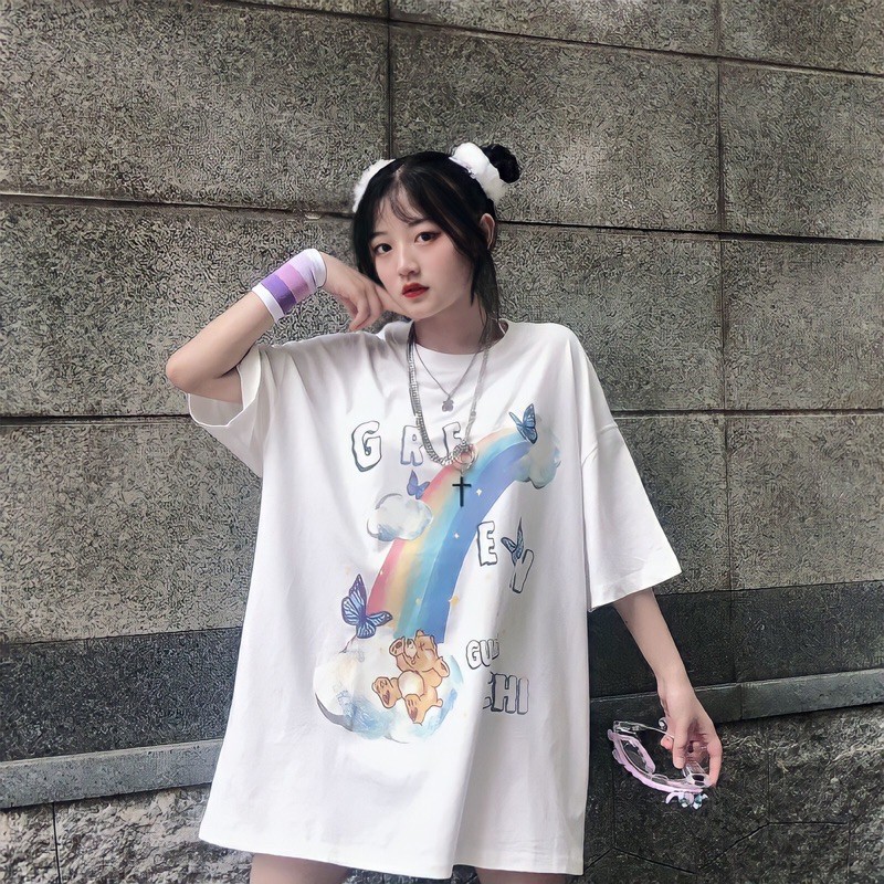 Áo phông tay lỡ form rộng, áo thun unisex nam nữ chất cotton rainbows bear