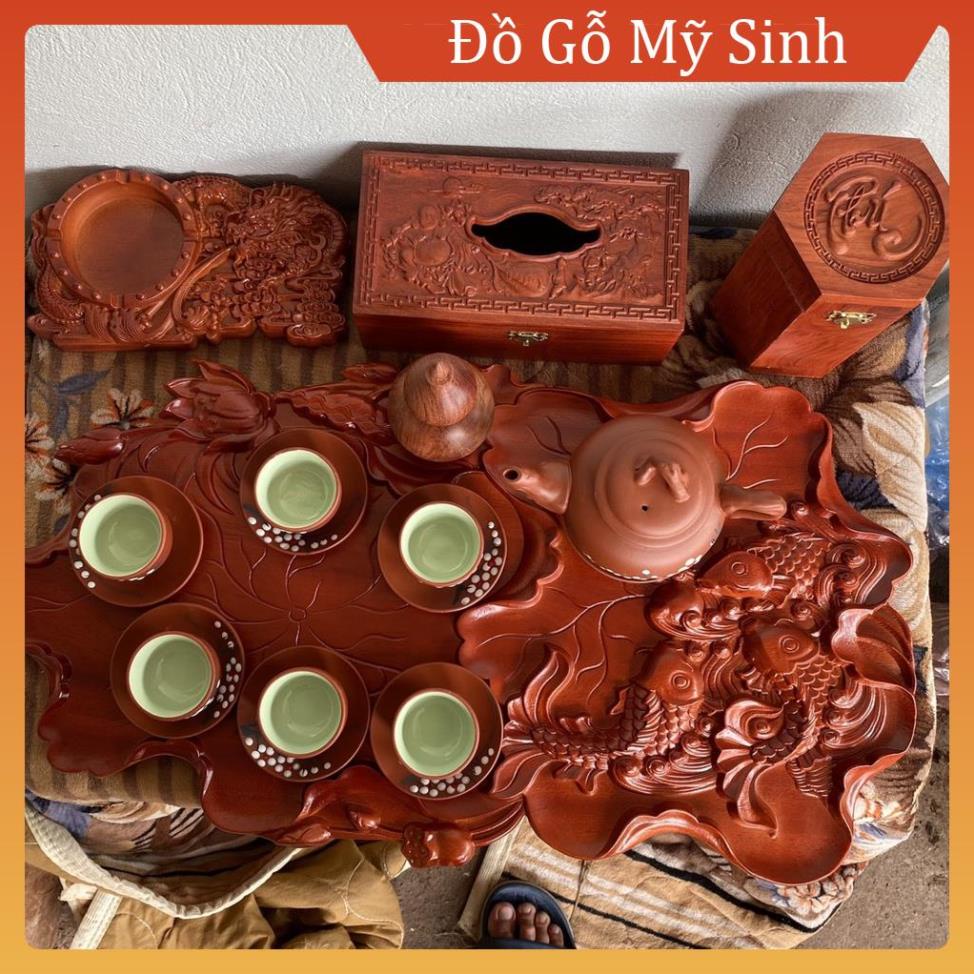 Combo đồ gỗ mỹ nghệ mini sen cá ấm chén khay trà gỗ hương đỏ, Đồ gỗ nội thất cao cấp hộp giấy lọ tăm