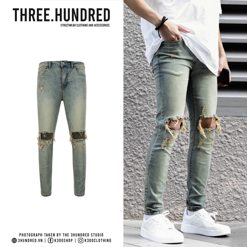 Quần Skinny Jeans Nam-Màu Xanh Bạc-Rách Gối To-Chất Liệu Cotton Co Giãn-Ống Đứng Dáng-Ống Ôm Chân Chuẩn Skinny | BigBuy360 - bigbuy360.vn