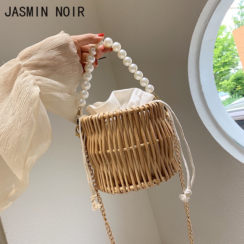 Túi Xách Đi Biển Đan Mây Thủ Công JASMIN NOIR Thiết Kế Quai Cầm Ngọc Trai Cho Nữ