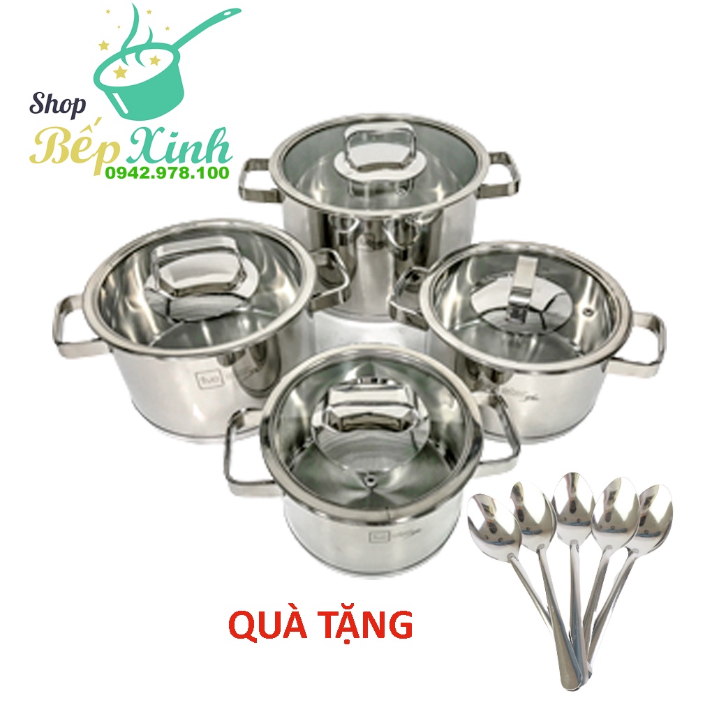 Bộ nồi inox 304 cao cấp FIVE STAR Plus 4 chiếc nắp kính tặng 5 muỗng ăn- nồi inox bếp từ ( nồi 16cm x 18cm x 20cm x 24cm