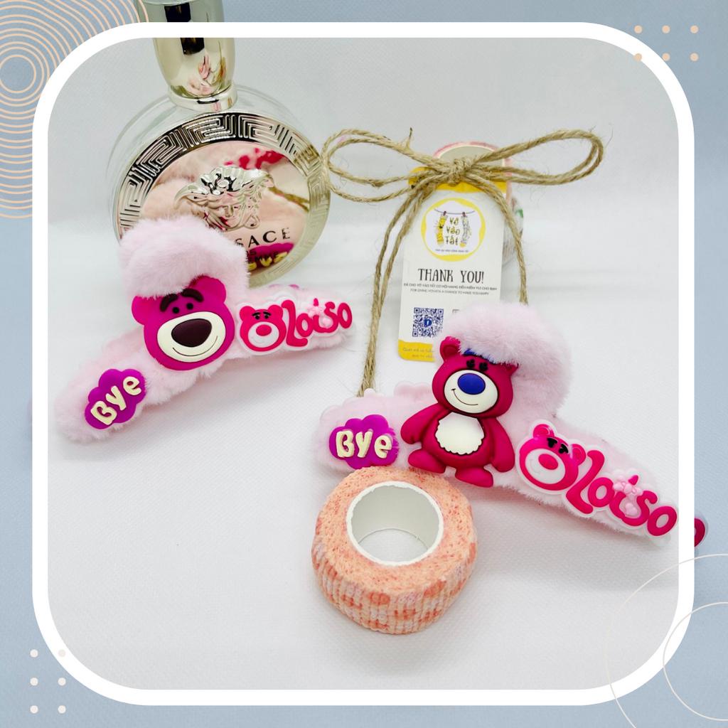 KẸP TÓC BÔNG GẤU DÂU LOTSO HỒNG NHẠT