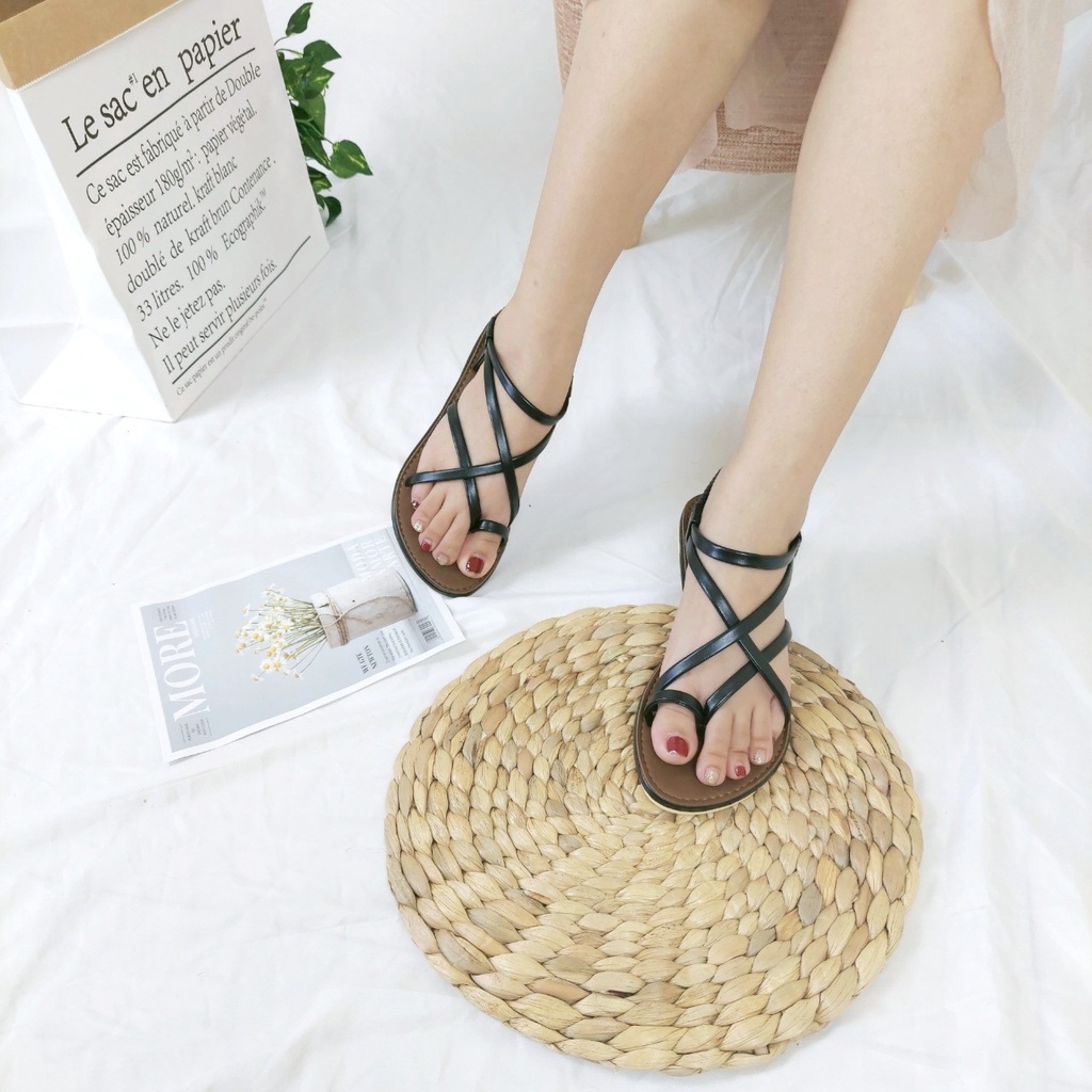 Sandal nữ đi học có quai hậu lót da, đế nhựa cao cấp đi mưa thoải mái - TB Sandal xỏ ngón da lì nền nâu