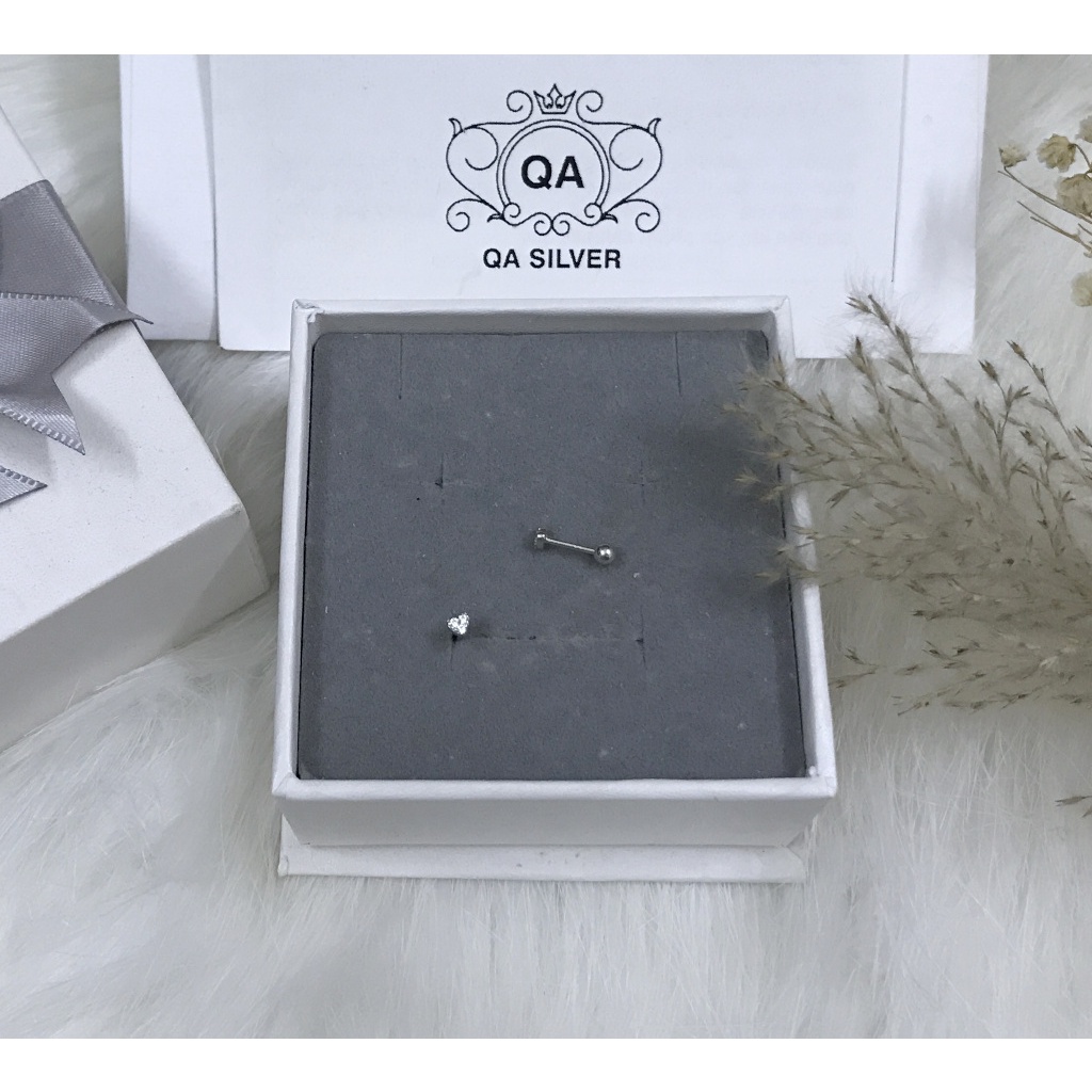 Khuyên tai bạc trái tim đính đá bông tai bạc chốt bi vặn tròn ren xoắn S925 HEART Silver Earrings QA SILVER EA191002