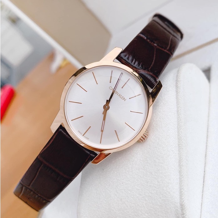 Đồng Hồ Nam Calvin Klein dây da nâu viền vàng mặt trắng