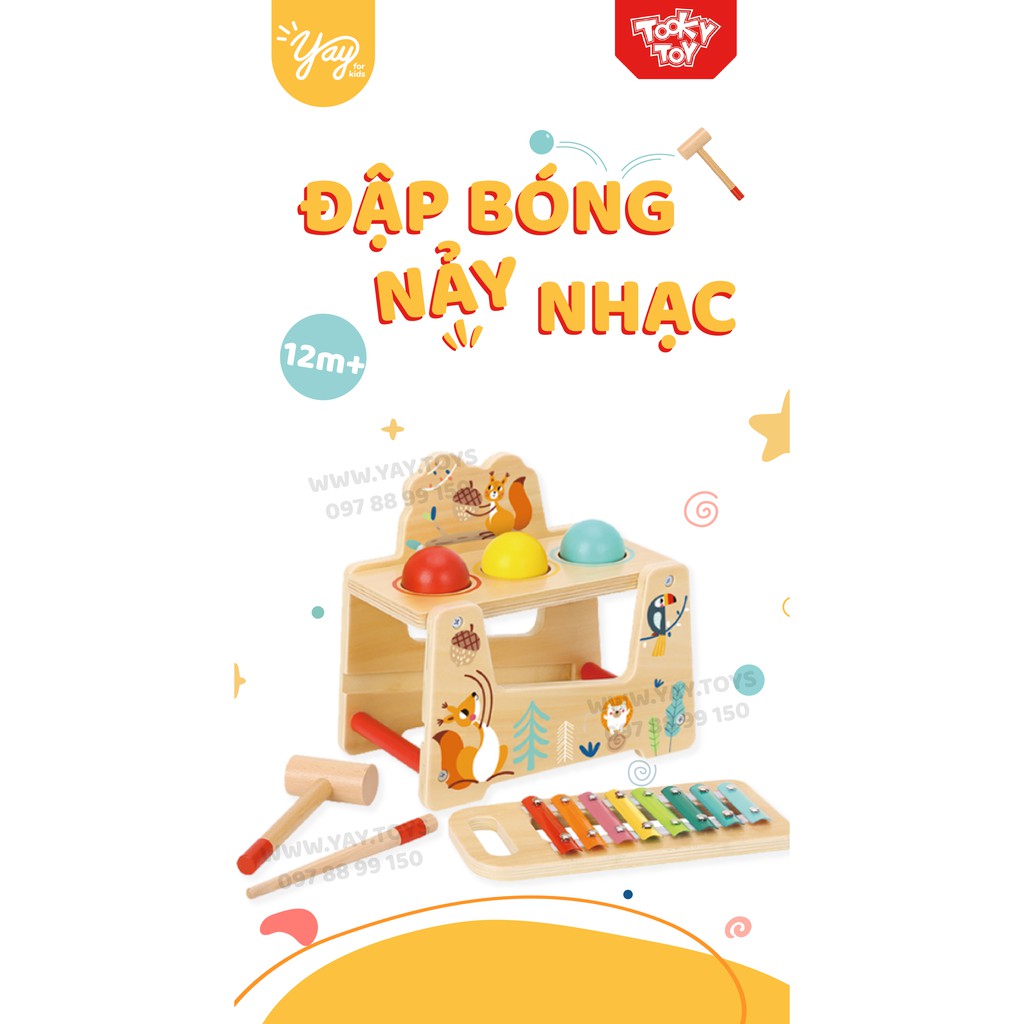 [COMBO 2 TRONG 1] Đập Bóng Nảy Nhạc - Đập Bóng Gỗ Montessori TOOKY TOY 12M+