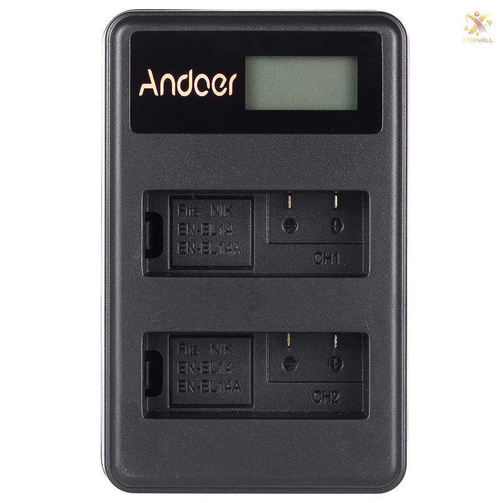 ET Andoer EN-EL14 EN-EL14A Rechargeable Li-ion Battery Charger Pack LED Display 2-Slot USB Cable Kit for  D3100 D3200 D3300 D5100 D5200 D5300 D5500 DF Coolpix P7000 P7100 P7700 P7800 DSLR Camera