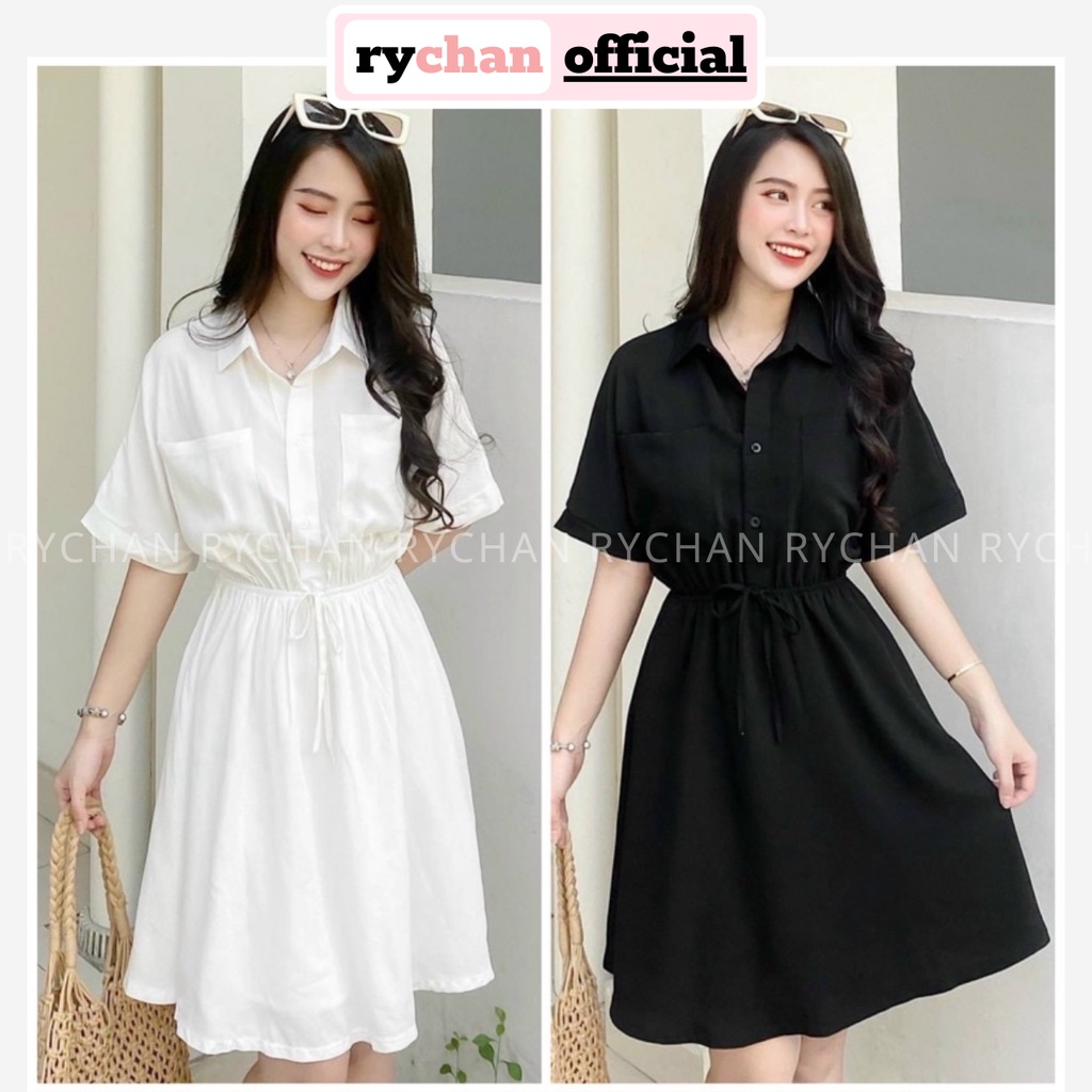 Đầm Nữ Đi Chơi Cổ Sơ Mi Tay Ngắn Nút Trước Thun Eo Có Túi Màu Đen Trắng - DX9798