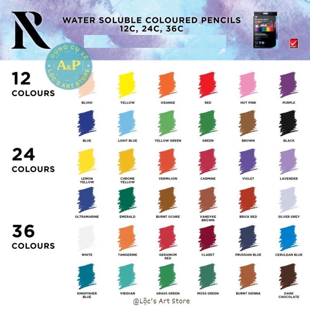 [Lộc'sArtStore] Bộ Bút chì màu nước Renaissance Water soluble coloured pencils - tặng kèm cọ [12/24/36 Màu]