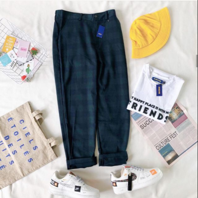 Quần baggy kẻ xanh đậm - ẢNH THẬT