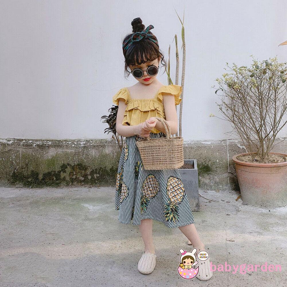 Set áo hai dây hở lưng + chân váy hoa xinh xắn cho bé gái