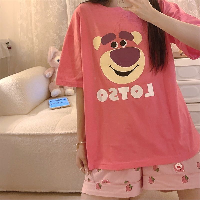 Bộ Đồ Ngủ Tay Ngắn Cổ Tròn In Hình Gấu/Dâu Tây Dễ Thương Thời Trang Mùa Hè Cho Nữ