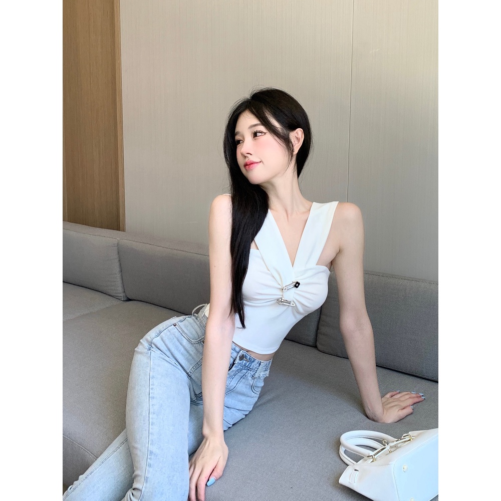 Áo dệt kim ZHELIHANGFEI không tay lưng cao thiết kế dây đan chéo phong cách thời trang quyến rũ