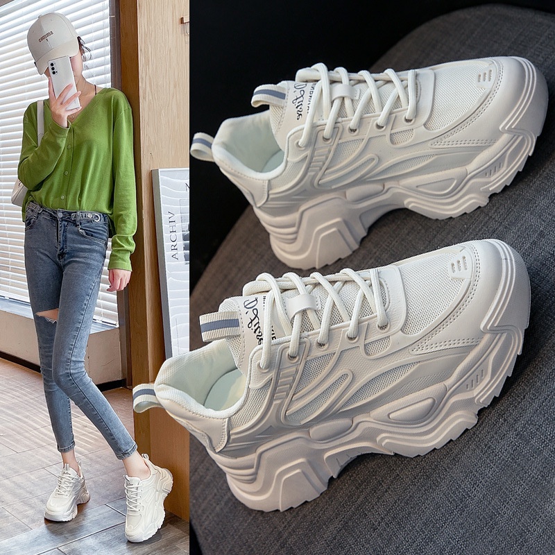 Giày sneaker nữ độn đế da phối vải lưới thoáng khí mùa hè phong cách Hàn Quốc hot 2023 size 36-40 [028]