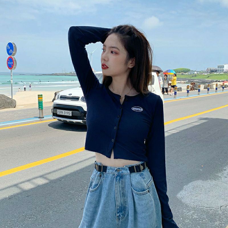 Áo croptop ❄ FREESHIP ❄ Áo thun tay dài cúc thật thêu logo thời trang XIXO ATN0022