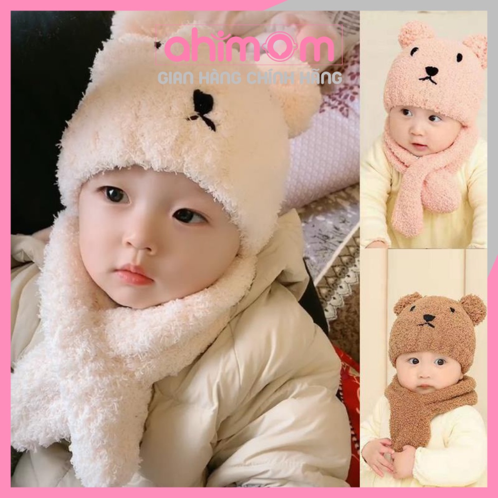 Mũ len cho bé - Set mũ kèm khăn quàng cổ gấu bắc cực siêu ấm cho bé - Ahimom