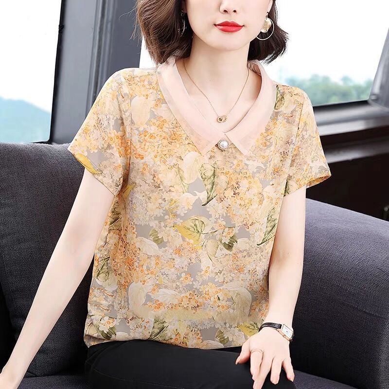 Áo Sơ Mi chiffon Cổ Búp Bê In Họa Tiết Hoa Thời Trang Mùa Hè Cho Nữ Trung Niên
