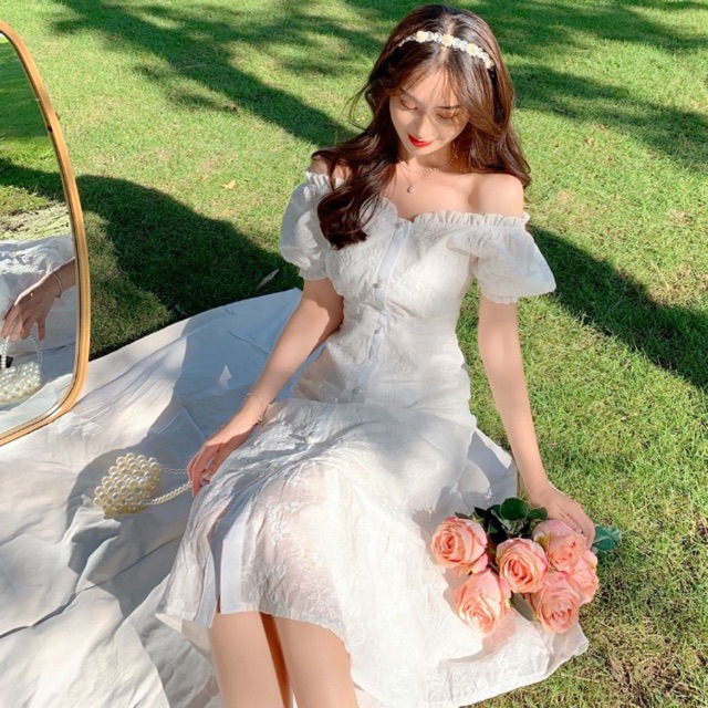 Đầm trắng tiểu thư trễ vai đuôi cá nữ tính ☁️ | BigBuy360 - bigbuy360.vn
