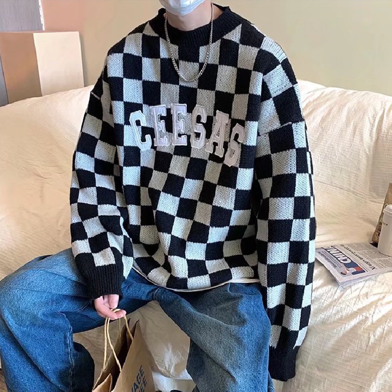 Áo sweater dệt kim cổ tròn tay dài dáng rộng in chữ thời trang thu đông cho nam size M-2XL