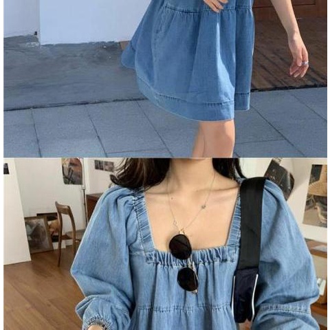 Đầm denim Cổ Vuông Tay Phồng Phong Cách Hàn Quốc Thời Trang Cho Nữ