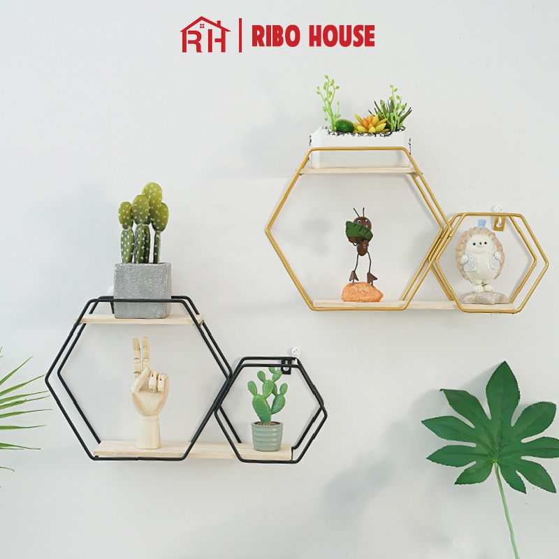 Kệ decor lục giác RIBO HOUSE khung kim loại pha gỗ treo tường trang trí nhà cửa, để đồ siêu xinh RIBO171