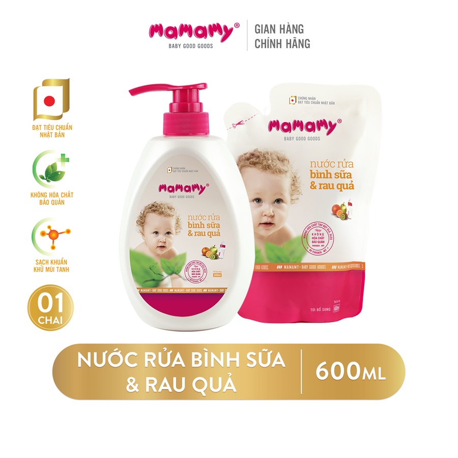 Nước rửa, cọ bình sữa và nước rửa rau củ Mamamy 600ml - Combo 1 chai + 1 túi nước rửa bình sữa Mamamy cùng loại 600ml