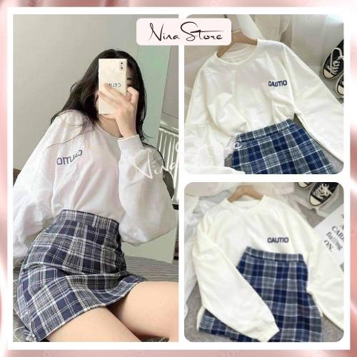 Sét bộ đồ nữ cautio áo thun dài tay kèm chân váy kẻ unisex áo thun dài tay style hàn quốc streetwear Ninastore