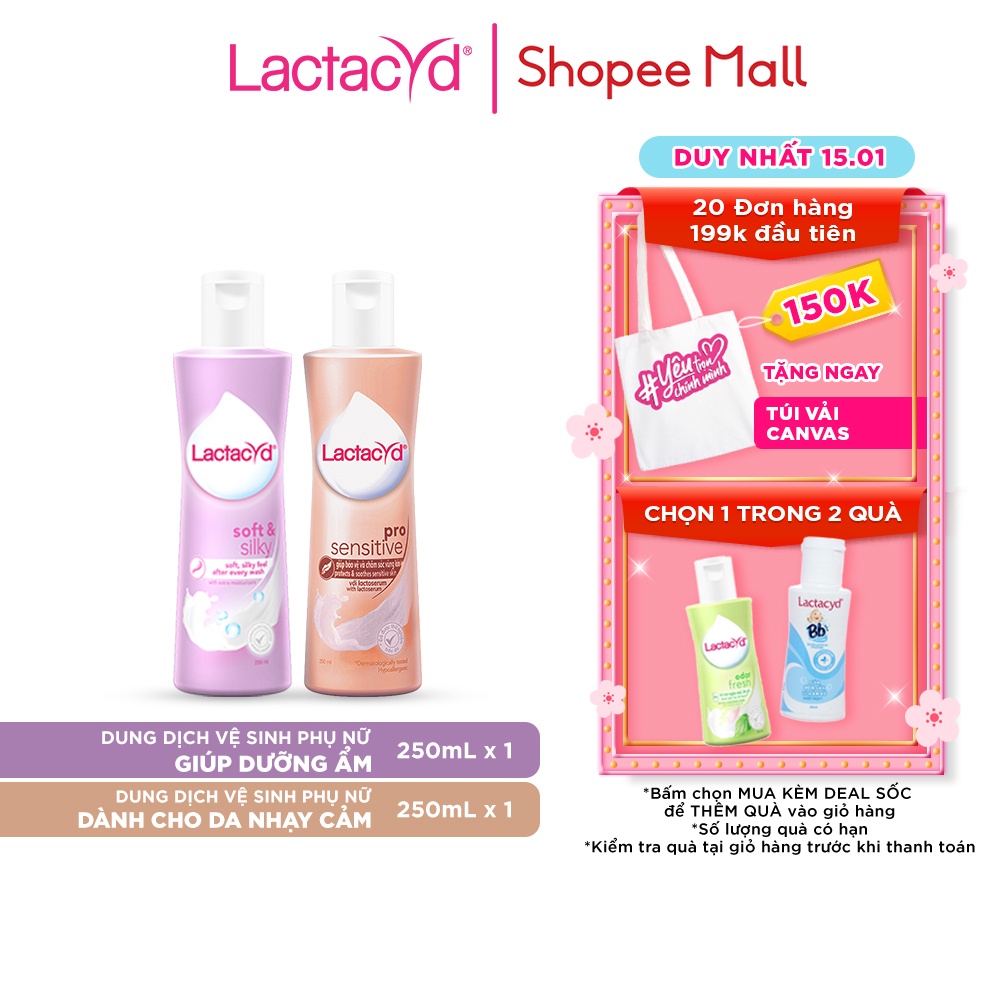 Bộ Dung Dịch Vệ Sinh Phụ Nữ Lactacyd Soft &amp; Silky Dưỡng Ẩm 250ml + Pro Sensitive Cho Da Nhạy Cảm 250ml