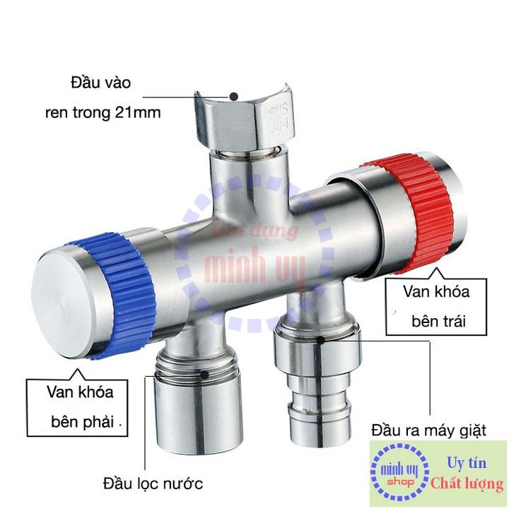 Van Nước 2 cổng xả có điều khiển (xanh-đỏ) riêng biệt dạng vòi chia nước - đầu ra 21mm Inox SUS304