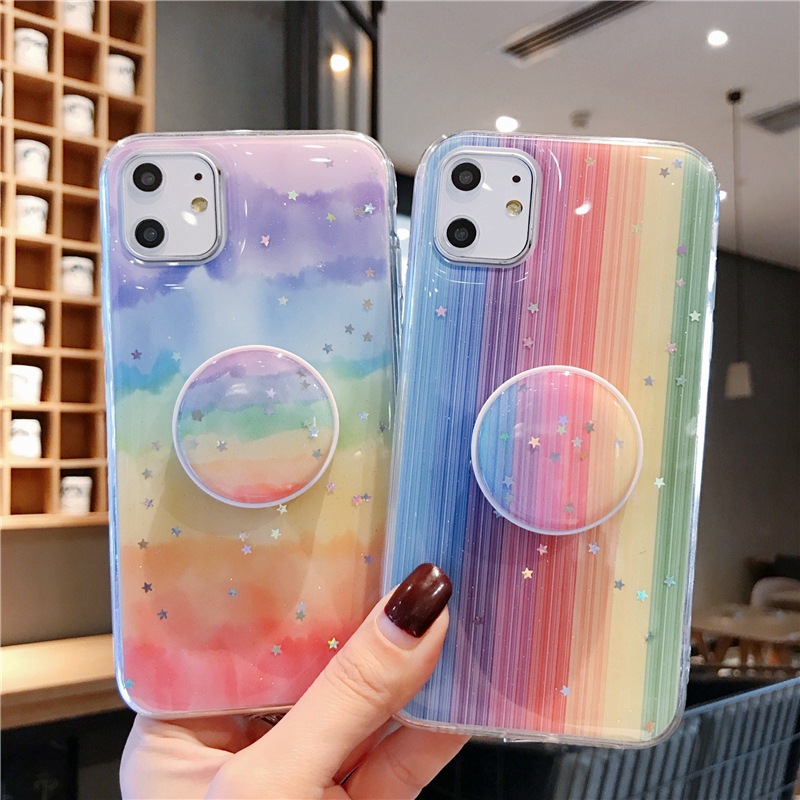 Gradient Rainbow Case iPhone 7 8 6s 6 Plus Drop-Resistant Epoxy iPhone 11 pro max Soft Cover iPhone X XS XR Mobile Phone Cases +Holder