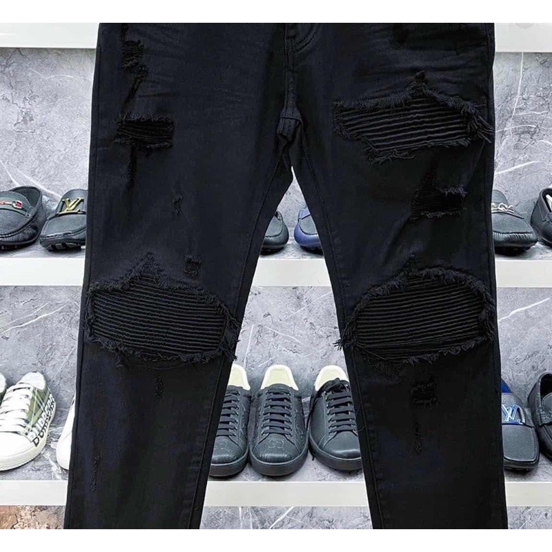 Quần jean đen nam vá nhăn đen khâu viền,Quần bò nam vá nhăn Aimiri rách gối dáng slimfit