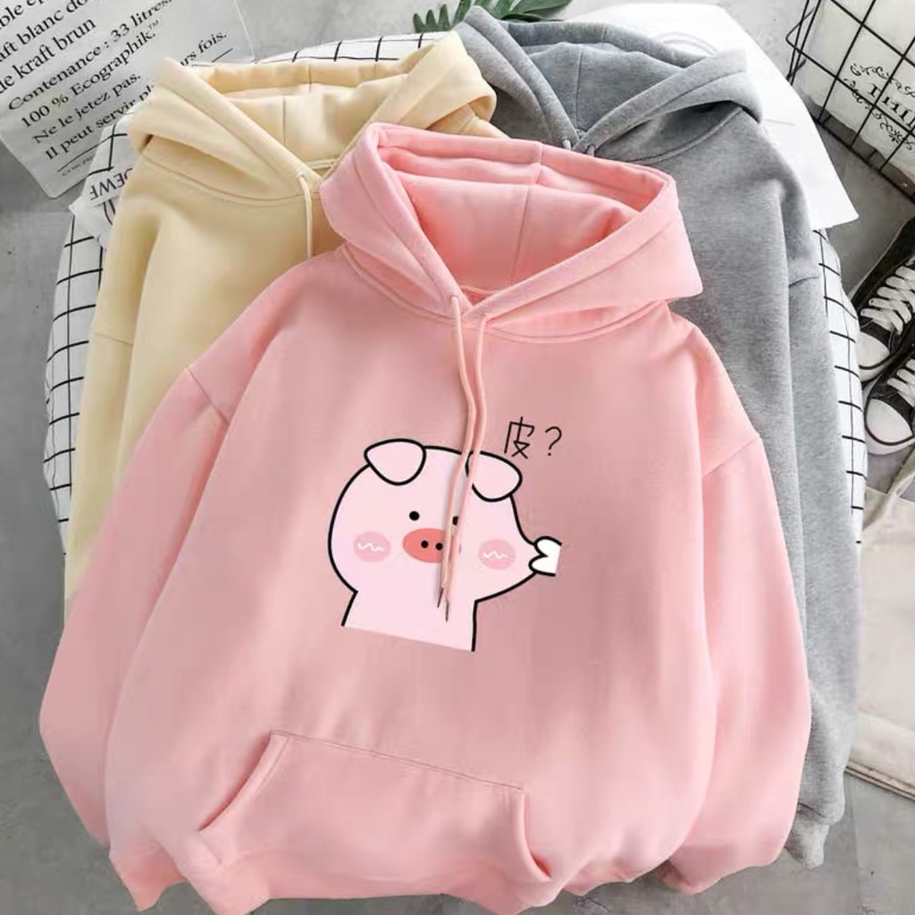 Áo hoodie chất nỉ dày dặn freesize nam nữ hình heo hồng cute dễ thương