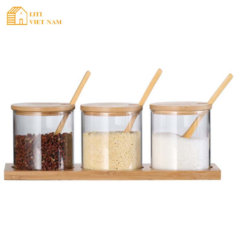 [FREESHIP] Bộ 3 hũ lọ đựng gia vị thủy tinh nắp gỗ - Decor trang trí nhà bếp | BigBuy360 - bigbuy360.vn