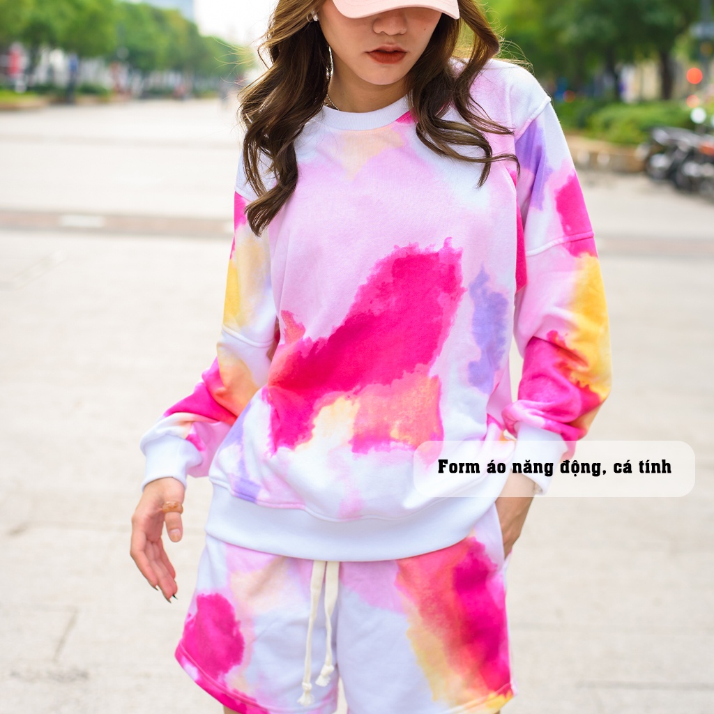 [Ảnh Thật] Set Bộ Loang Hồng/Xanh Nữ Đa Màu Sắc Gồm Quần Short và Áo Sweater - TGMN