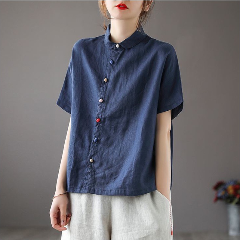 Ice linen cotton linen blouse slant placket color buttons lapel cotton linen short-sleeved T-shirt linen shirt