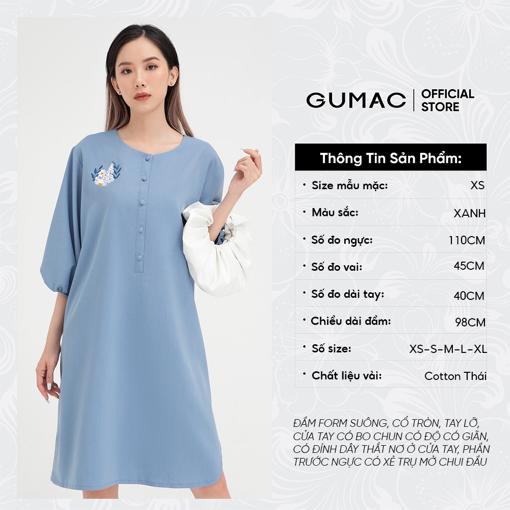[Mã WABRGULUV giảm tới 100K đơn 249K] Đầm suông nữ thêu tay lỡ GUMAC màu xanh thanh lịch, sang trọng DB448 | BigBuy360 - bigbuy360.vn
