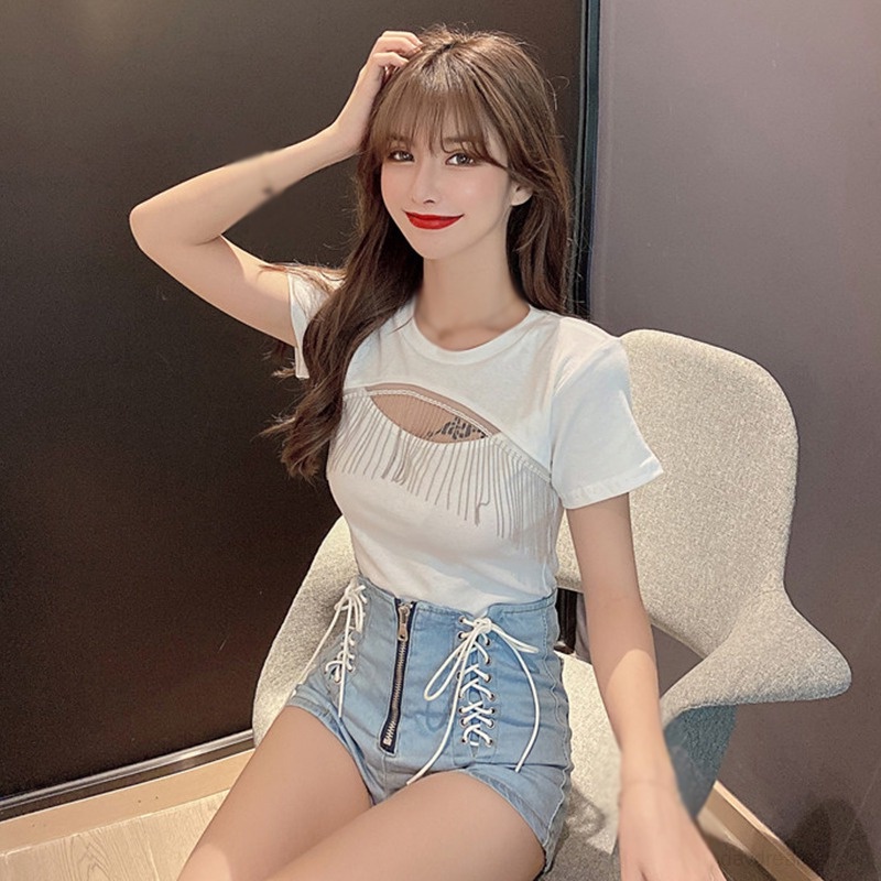 Áo Croptop Dệt Kim Tay Ngắn Dáng Ôm Phối Tua Rua Trọng Lượng Nhẹ Thời Trang Cho Nữ