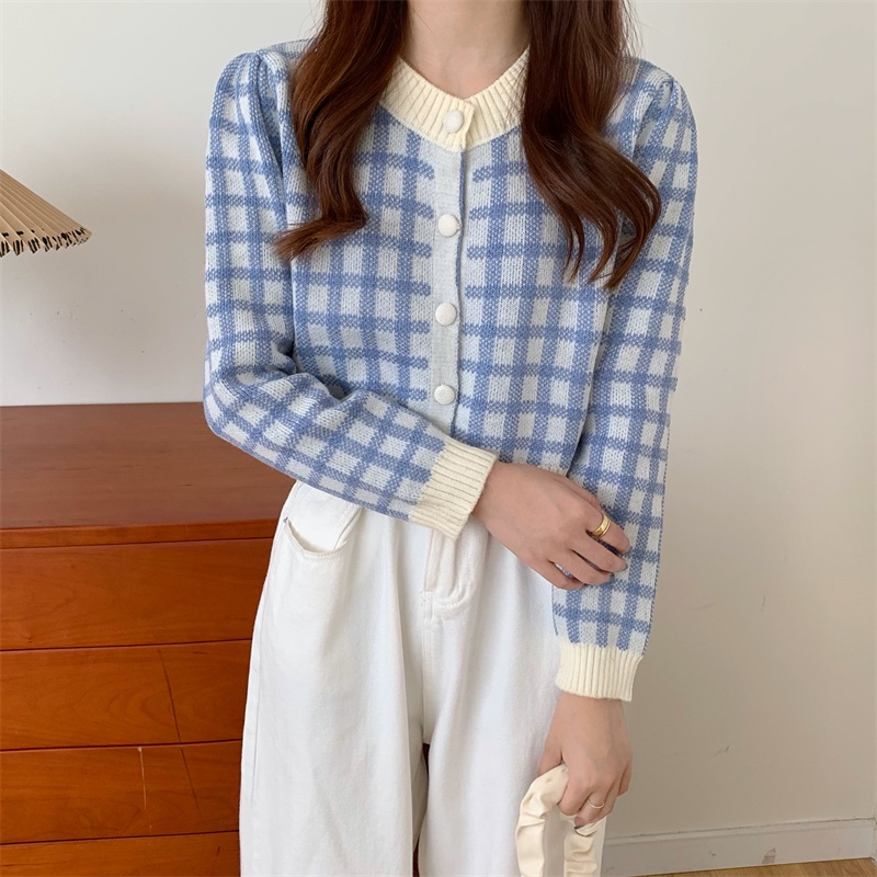 SUXI Áo sweater dệt kim tay dài dáng ngắn họa tiết sọc caro thời trang vintage cho nữ