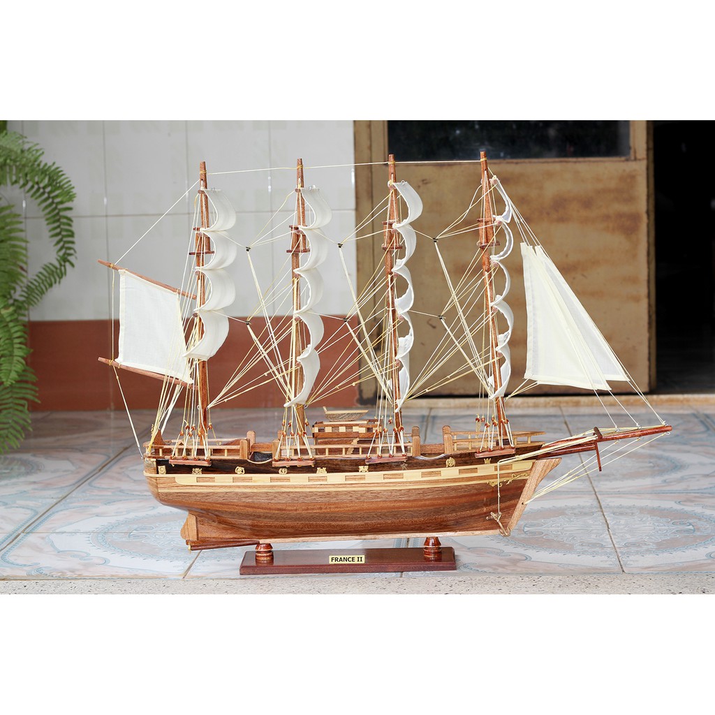 Thuyền gỗ phong thủy France II dài 80cm gỗ tự nhiên, mô hình thuyền buồm trang trí, quà tặng khách hàng
