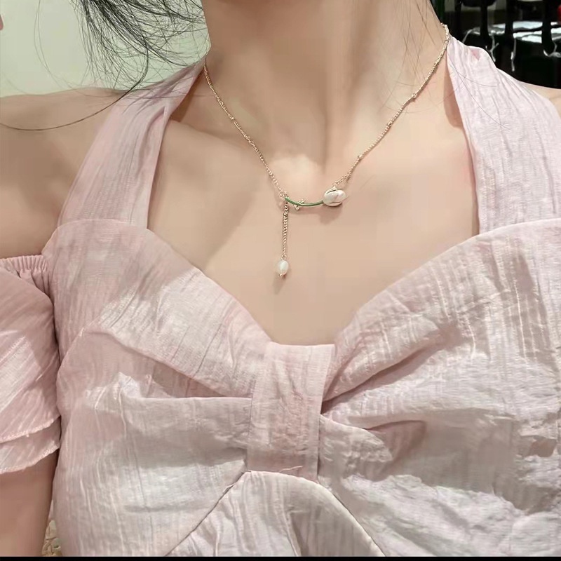 ✨✨Bộ Trang Sức Vòng Cổ Vòng Tay Hoa tulip Ngọc Trai Hồng Phong Cách baroque Pháp Cho Nữ