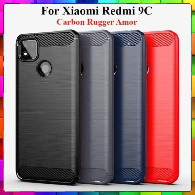 Ốp lưng dẻo Xiaomi Redmi 9C vân sợi cacbon chống sốc, chống vân tay Rugger Amor