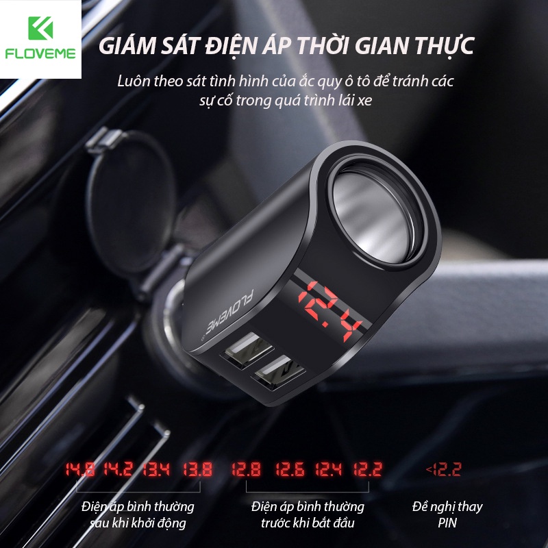 Bộ Sạc Trên Xe Hơi FLOVEME 5V 3.1A, 2 Cổng USB, Hiển Thị Kỹ Thuật Số, Dùng Cho Điện Thoại Di Động, Nhanh Máy Tính Bảng