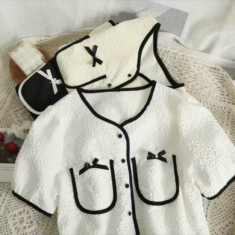 Áo xốp phồng túi nơ trước ngực hàng đẹp Quảng Châu