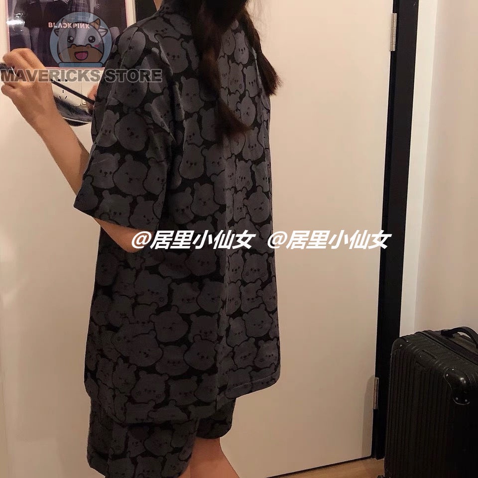 Bộ Đồ Ngủ Ngắn Tay Họa Tiết Gấu Dễ Thương Phong Cách Hàn Quốc