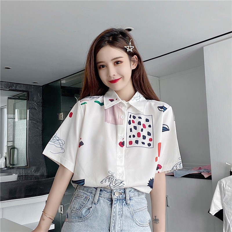 LEEVA - Áo sơ mi họa tiết nữ dáng rộng phong cách Hàn Quốc: Trắng bi
