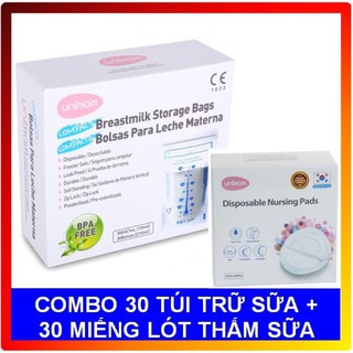 (Made in Korea) COMBO Hộp 30 Túi trữ sữa mẹ 210ml Unimom Compact UM870251 + Hộp 30 Miếng lót thấm sữa mẹ Unimom UM870411