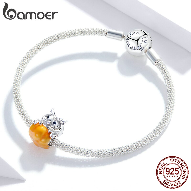 Hạt Cườm Bamoer BSC342 Bằng Kim Loại Bạc Sterling 925 Hình Dạng Quả Bí Ngô Và Cú Xỏ Vòng Tay DIY Cho Nữ